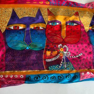 Laurel Burch 100% Silk Scarf Feline family with Fringe multicolor